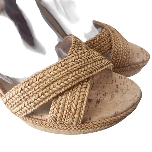 EUC Stuart Weitzman Minx Braided leather Jute Cork Platform Espadrille Wedge