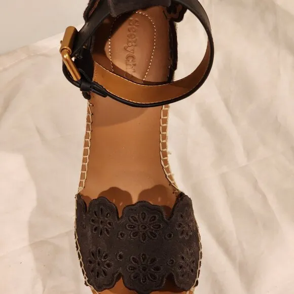 Excellent  EU39 Chloe Wedges Platform Sandal Dk Brown Espadrille Embroidered