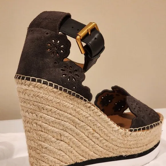 Excellent  EU39 Chloe Wedges Platform Sandal Dk Brown Espadrille Embroidered