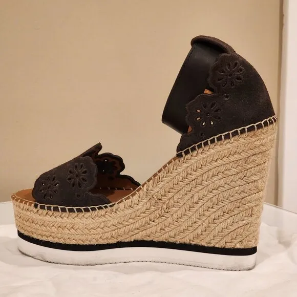 Excellent  EU39 Chloe Wedges Platform Sandal Dk Brown Espadrille Embroidered