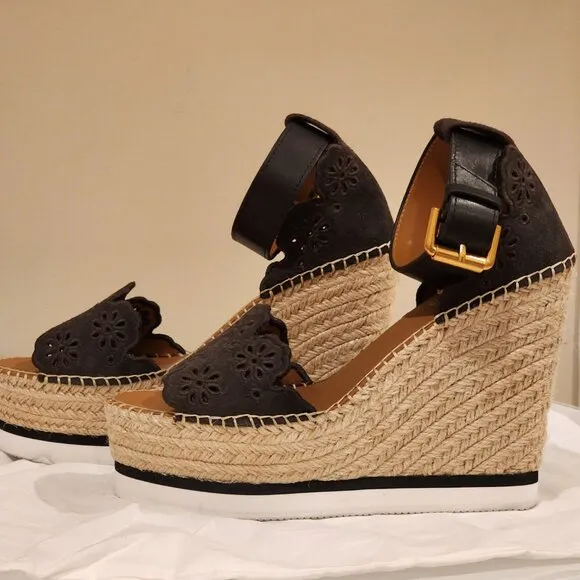 Excellent  EU39 Chloe Wedges Platform Sandal Dk Brown Espadrille Embroidered