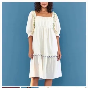 ✅Farm RIO Off-White Textured Puff Sleeve Midi Dress NWT S pleated front ruffle