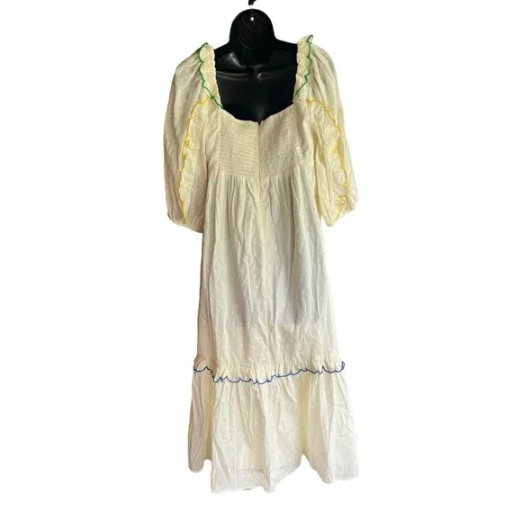 ✅Farm RIO Off-White Textured Puff Sleeve Midi Dress NWT S pleated front ruffle