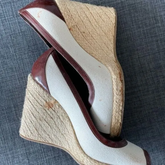 FENDI Espadrille in Canvas &amp; Leather Beige &amp; Brown Wedges Size 38.5