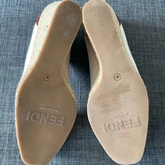 FENDI Espadrille in Canvas &amp; Leather Beige &amp; Brown Wedges Size 38.5