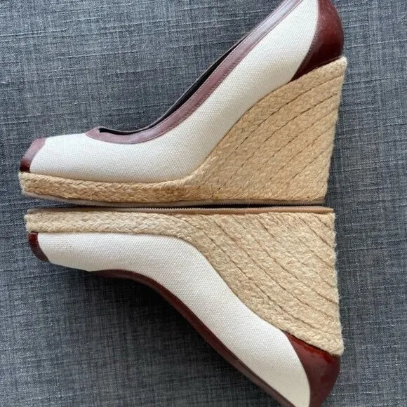 FENDI Espadrille in Canvas &amp; Leather Beige &amp; Brown Wedges Size 38.5