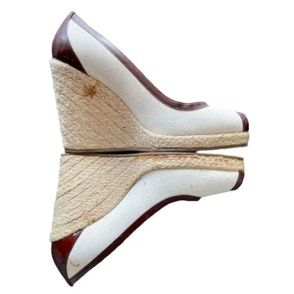 FENDI Espadrille in Canvas &amp; Leather Beige &amp; Brown Wedges Size 38.5