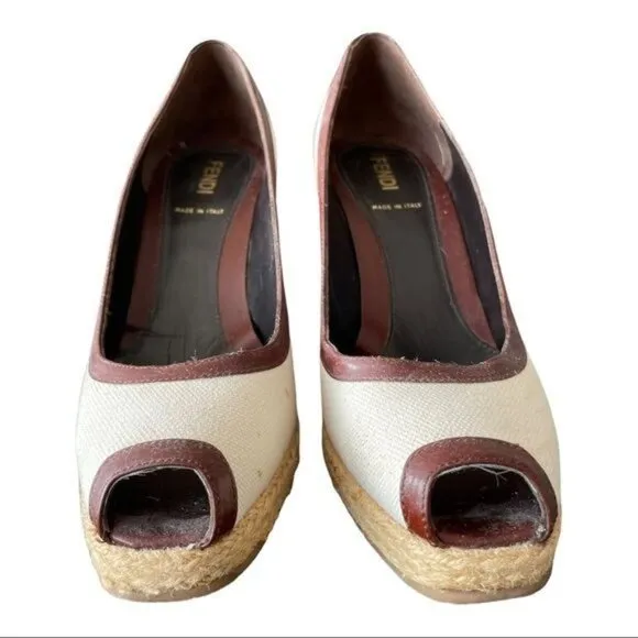 FENDI Espadrille in Canvas &amp; Leather Beige &amp; Brown Wedges Size 38.5