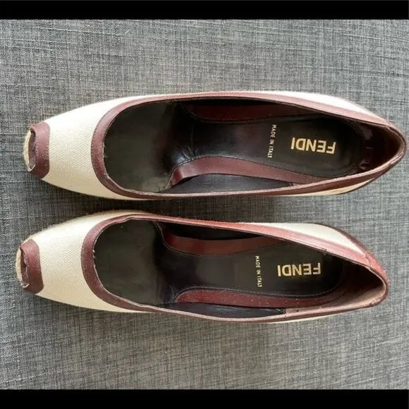 FENDI Espadrille in Canvas &amp; Leather Beige &amp; Brown Wedges Size 38.5