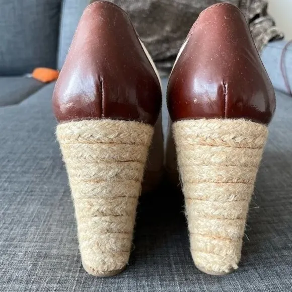 FENDI Espadrille in Canvas &amp; Leather Beige &amp; Brown Wedges Size 38.5