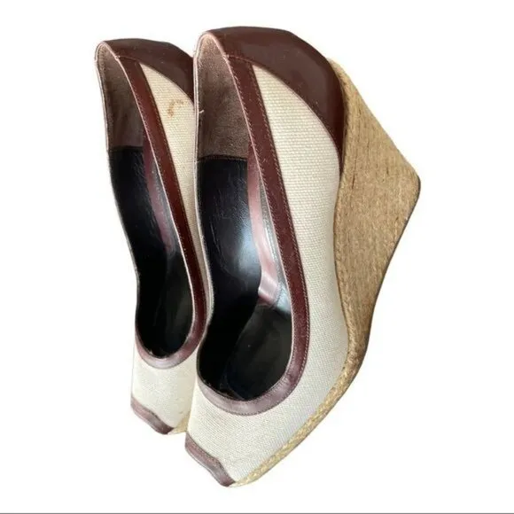FENDI Espadrille in Canvas &amp; Leather Beige &amp; Brown Wedges Size 38.5