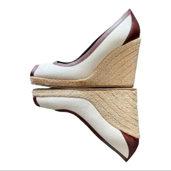FENDI Espadrille in Canvas &amp; Leather Beige &amp; Brown Wedges Size 38.5