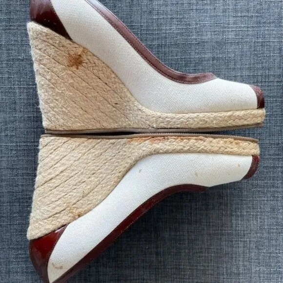 FENDI Espadrille in Canvas &amp; Leather Beige &amp; Brown Wedges Size 38.5
