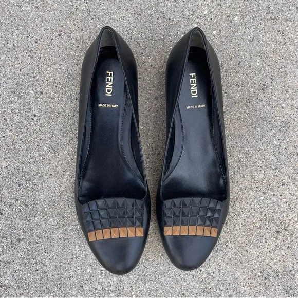 Fendi pyramid-stud black leather flats loafers moccasins size IT 39 US 9