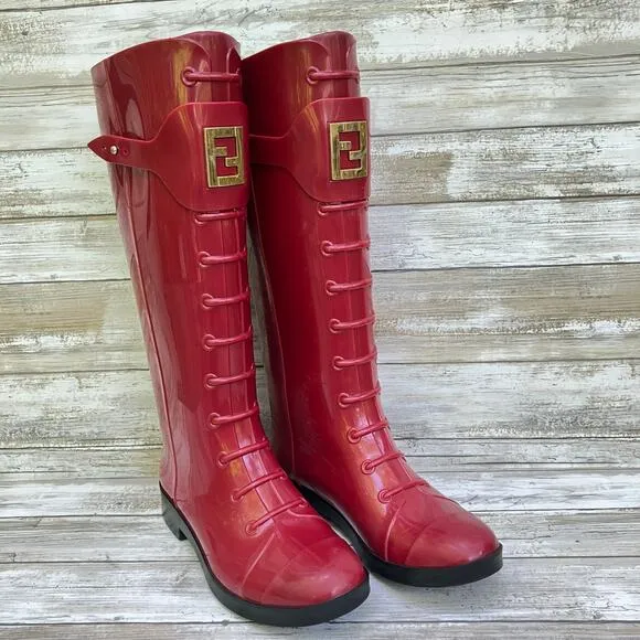 Fendi Rain Boots ITA 36 US 6 Red Rubber Knee Height Slip On Designer with COA