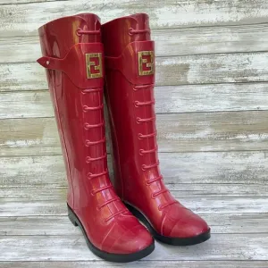 Fendi Rain Boots ITA 36 US 6 Red Rubber Knee Height Slip On Designer with COA