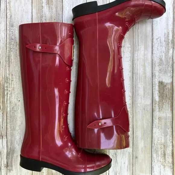 Fendi Rain Boots ITA 36 US 6 Red Rubber Knee Height Slip On Designer with COA