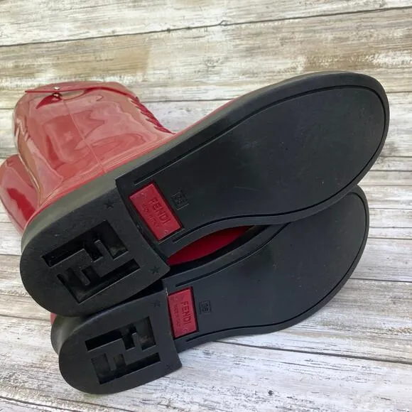 Fendi Rain Boots ITA 36 US 6 Red Rubber Knee Height Slip On Designer with COA