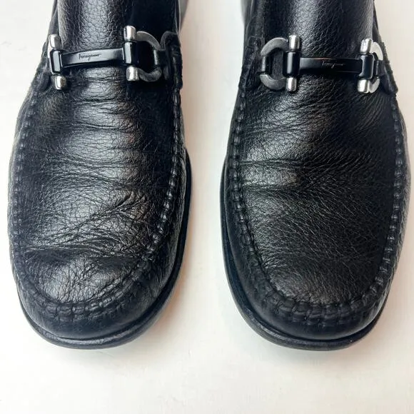 Ferragamo Leather Moccasins Loafers with Gancini Ornament Black Sz 9