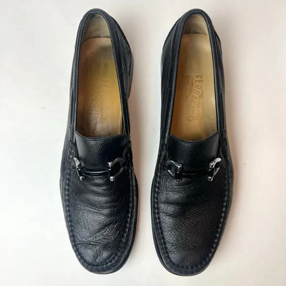 Ferragamo Leather Moccasins Loafers with Gancini Ornament Black Sz 9