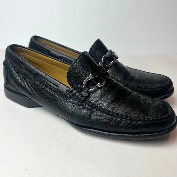 Ferragamo Leather Moccasins Loafers with Gancini Ornament Black Sz 9