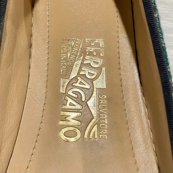 Ferragamo Rufina Tweed Patent Leather Flats Green Black 5.5