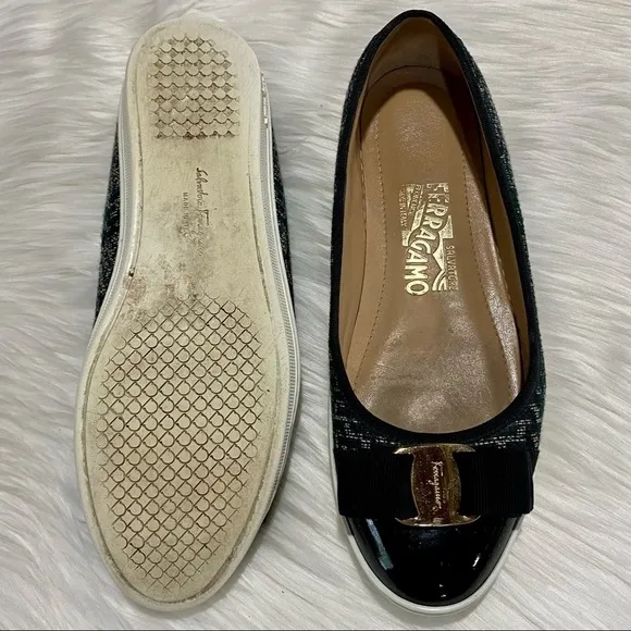 Ferragamo Rufina Tweed Patent Leather Flats Green Black 5.5