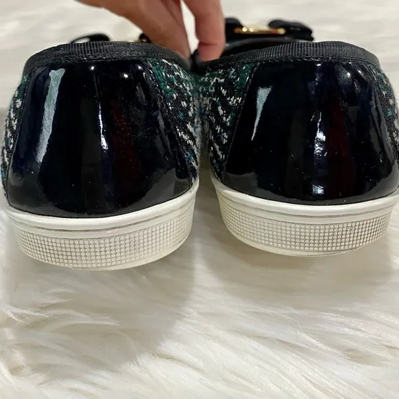 Ferragamo Rufina Tweed Patent Leather Flats Green Black 5.5