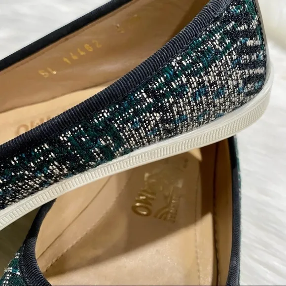 Ferragamo Rufina Tweed Patent Leather Flats Green Black 5.5