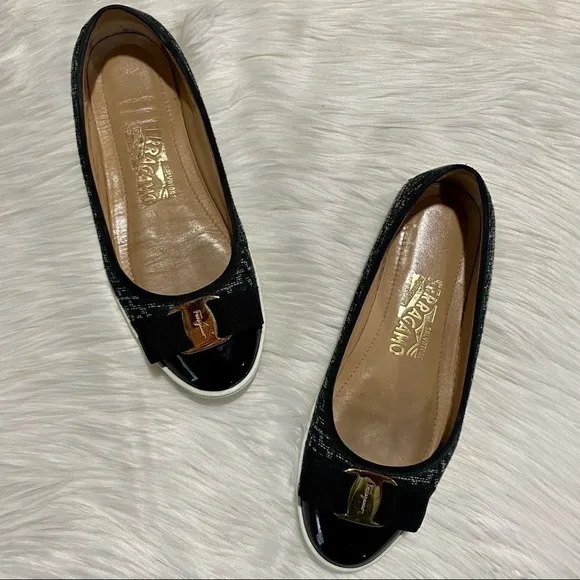 Ferragamo Rufina Tweed Patent Leather Flats Green Black 5.5