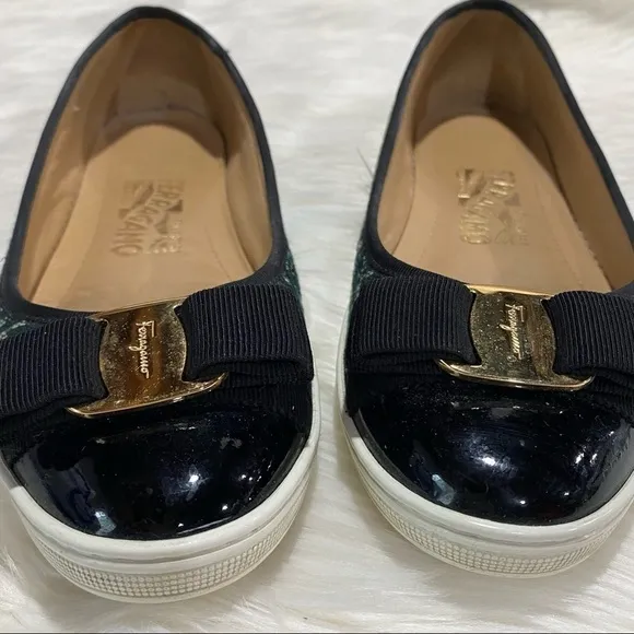 Ferragamo Rufina Tweed Patent Leather Flats Green Black 5.5