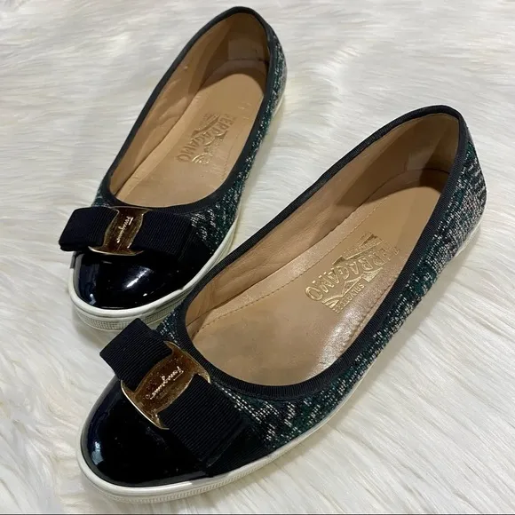 Ferragamo Rufina Tweed Patent Leather Flats Green Black 5.5