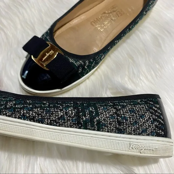 Ferragamo Rufina Tweed Patent Leather Flats Green Black 5.5