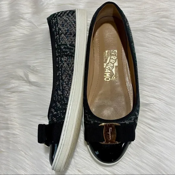 Ferragamo Rufina Tweed Patent Leather Flats Green Black 5.5