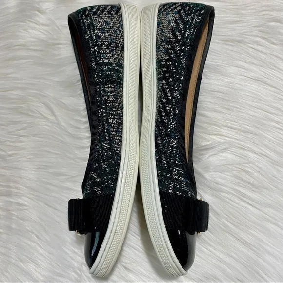 Ferragamo Rufina Tweed Patent Leather Flats Green Black 5.5
