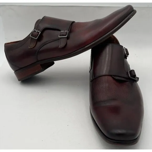 Florsheim Wingtip Double Monk Strap Textured Leather Dress Shoes 13D Burgundy