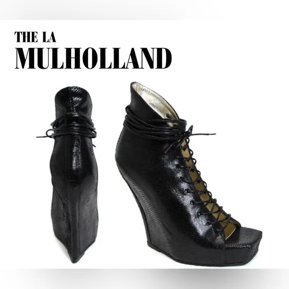 Fluevog LIKE NEW The LA Mulholland black Cairo lace-up wedge corset shoe -9.5/10