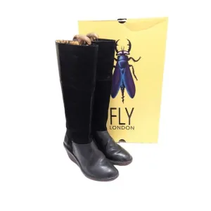 Fly London Seda Knee High Black Wedge Suede Heeled Boots Women's Size EU 40