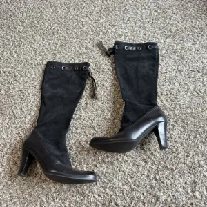 Franco Sarto Black Suede Leather Boots Tall Heeled Sz 6.5 M Zip Lace Up VTG READ