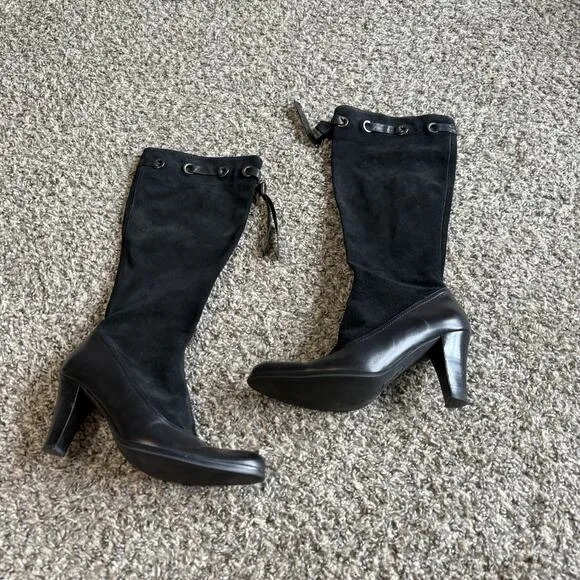 Franco Sarto Black Suede Leather Boots Tall Heeled Sz 6.5 M Zip Lace Up VTG READ