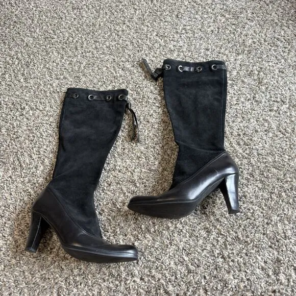 Franco Sarto Black Suede Leather Boots Tall Heeled Sz 6.5 M Zip Lace Up VTG READ