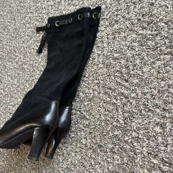 Franco Sarto Black Suede Leather Boots Tall Heeled Sz 6.5 M Zip Lace Up VTG READ