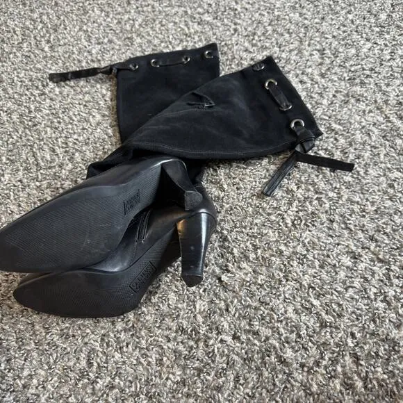 Franco Sarto Black Suede Leather Boots Tall Heeled Sz 6.5 M Zip Lace Up VTG READ