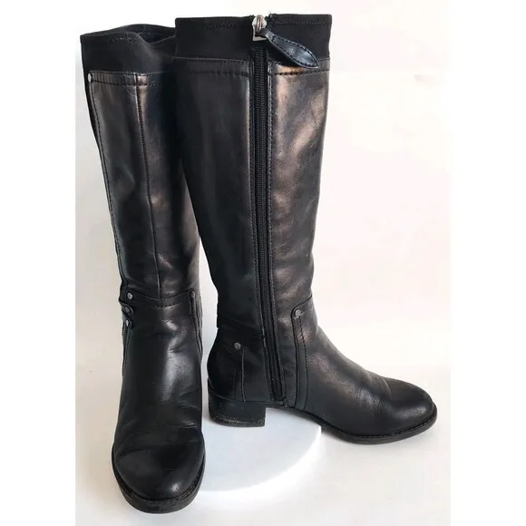 Franco Sarto Candy Flat Smooth Leather Knee High Tall Boots Black Size 7 Stretch