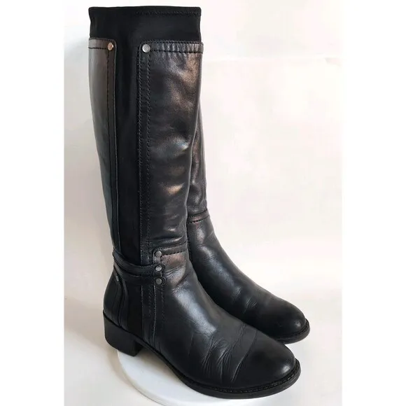 Franco Sarto Candy Flat Smooth Leather Knee High Tall Boots Black Size 7 Stretch
