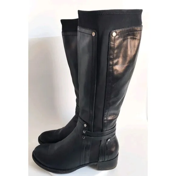 Franco Sarto Candy Flat Smooth Leather Knee High Tall Boots Black Size 7 Stretch