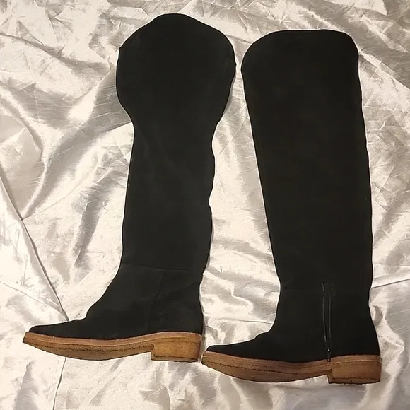 Free People Banks Over The Knee Boots Black Suede Rubber Sole Bubble Gum Flat