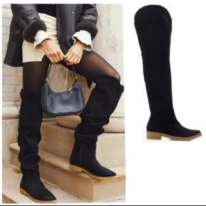 Free People Banks Over The Knee Boots Black Suede Rubber Sole Bubble Gum Flat