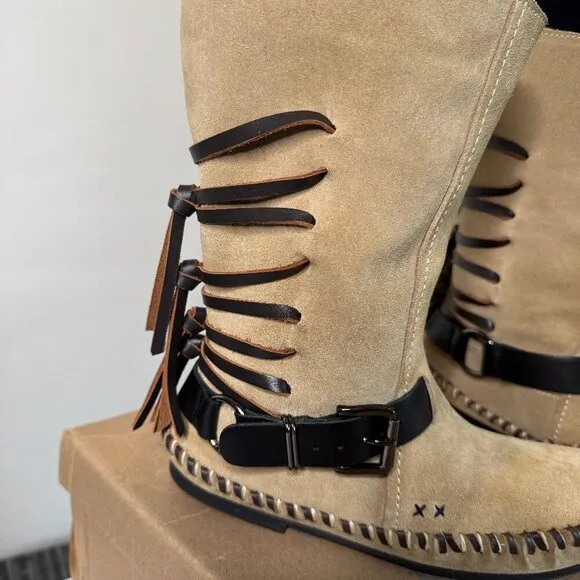 Free People Coronado Suede Mocc Moccasin Boots With Leather Fringe 7 New in Box