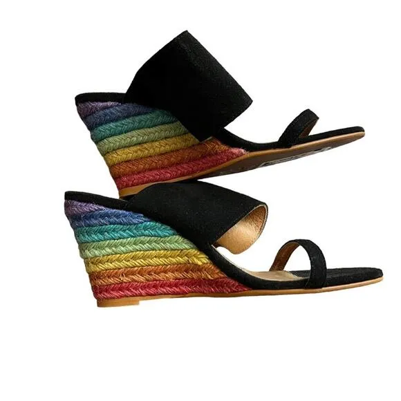 Free People Glorietta Rainbow Espadrille Wedge Suede Sandals Black Y2K Size 6